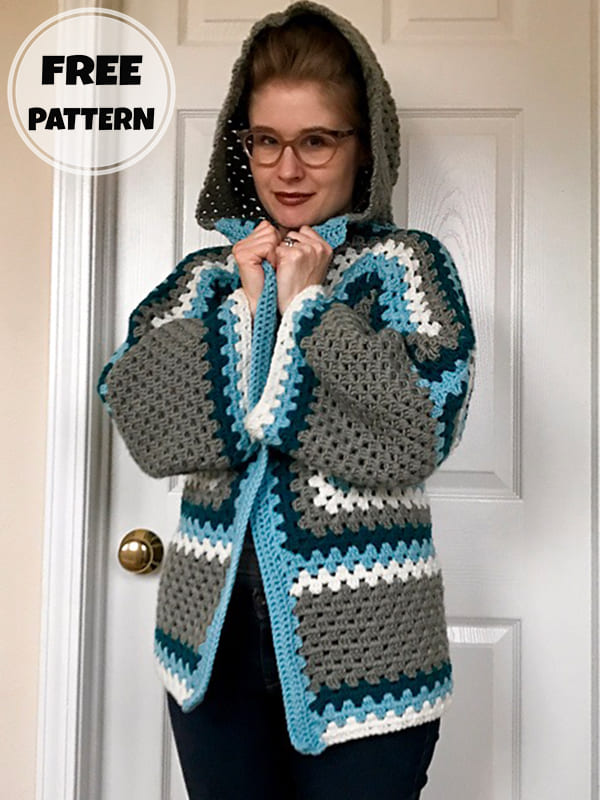 Crochet Cozy Hexagon Granny Hooded Cardigan Free Pattern (2)