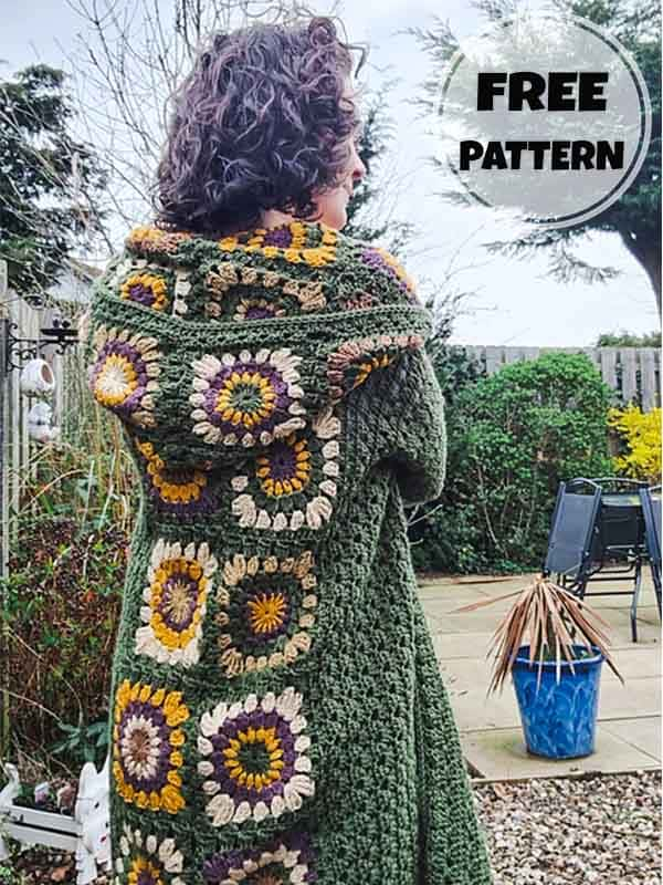 Long Granny Square Crochet Hooded Cardigan Free Pattern (2)