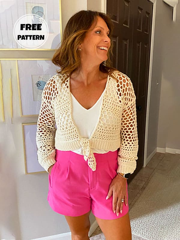 White Cropped Crochet Cardigan Free Pattern